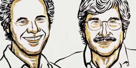 An illustrated graphic of Victor Ambros and Gary Ruvkun who won this year’s Physiology or Medicine award for the discovery of microRNA and its role in post-transcriptional gene regulation.