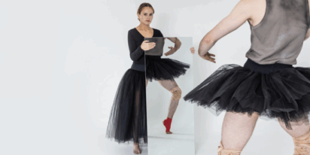 A person in a black ballet skirt holds a mirror in front of themselves, reflecting the image of another dancer in a matching skirt and bandaged knees. The reflection creates a surreal, staged effect, blending the two figures into one scene.
