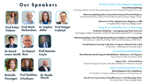 Poster titled “Our Speakers” featuring headshots of ten speakers arranged in a grid on the left, each with their name below: Prof Katja Kobow, Prof Mark Richardson, Dr Sophie Adler, Prof Holger Fröhlich, Dr David Lewis-Smith, Dr Robert Ross, Prof Damien Coyle, Richelle Flanagan, Prof Siobhán O’Sullivan, and Dr Guido Giunti. On the right, a programme outline lists themed sessions and talk titles under blue headings. The design uses a light grey background with blue accents and rounded image frames. 