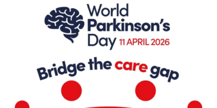 Graphic for World Parkinson’s Day, 11 April 2026, featuring a stylized brain icon and the slogan ‘Bridge the care gap’ in bold lettering, with red circular accents forming a semi‑arch beneath the text.