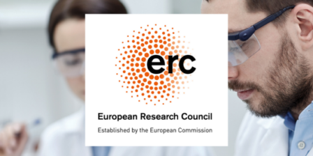 Close-up of two laboratory researchers wearing protective eyewear, working with instruments in a lab setting. Overlaid in the center is the European Research Council (ERC) logo, featuring an orange dotted circular design with the lowercase text “erc,” and the caption below reading “European Research Council – Established by the European Commission.”