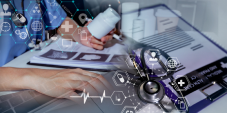 Close-up of a healthcare-themed workspace showing a hand using a laptop beside medical documents, a stethoscope, and a prescription bottle. Transparent digital icons representing healthcare services, telemedicine, medical records, connectivity, and data exchange are overlaid across the image, illustrating the intersection of healthcare and technology.