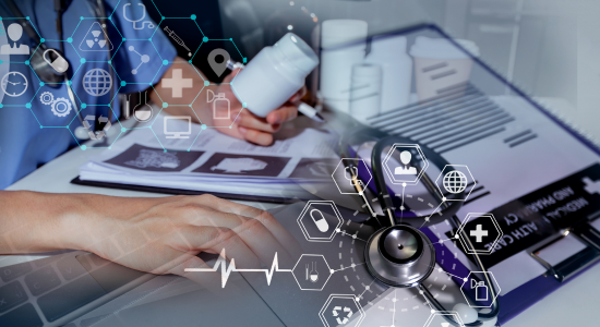 Close-up of a healthcare-themed workspace showing a hand using a laptop beside medical documents, a stethoscope, and a prescription bottle. Transparent digital icons representing healthcare services, telemedicine, medical records, connectivity, and data exchange are overlaid across the image, illustrating the intersection of healthcare and technology.