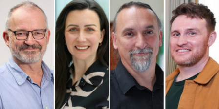 Composite image showing four individual head-and-shoulders portraits arranged side by side: a person with short grey hair, a grey beard and glasses wearing a light blue shirt; a person with long dark hair wearing a black-and-white patterned blouse; a person with short grey hair and a grey beard wearing a black shirt; and a person with short brown hair wearing an orange jacket over a dark green top.